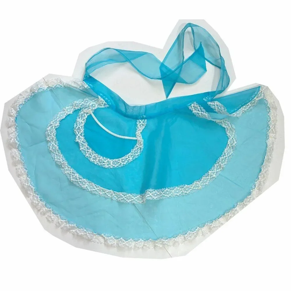 Vintage French Maid Organdy Half Apron Blue Ruffled Layered Hostess Sheer